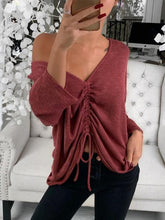 Load image into Gallery viewer, V-Neck Long Sleeve Drawstring Tie Front T-Shirt
