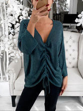 Load image into Gallery viewer, V-Neck Long Sleeve Drawstring Tie Front T-Shirt
