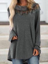 Load image into Gallery viewer, Lace Solid Color Round Neck Long Sleeves Casual Loose Tops
