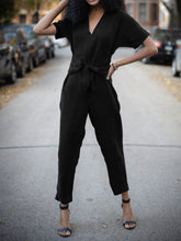 Load image into Gallery viewer, Women's V-neck Short-sleeved Lace-up Casual Solid Color Jumpsuit
