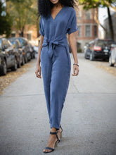 Load image into Gallery viewer, Women's V-neck Short-sleeved Lace-up Casual Solid Color Jumpsuit
