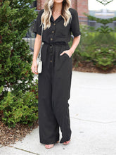 Load image into Gallery viewer, Solid Color Lapel Collar Button Short Sleeve Jumpsuit with Pocket
