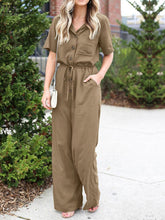 Load image into Gallery viewer, Solid Color Lapel Collar Button Short Sleeve Jumpsuit with Pocket
