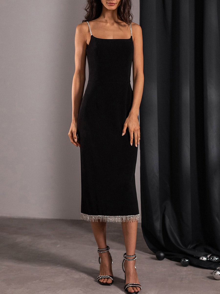 Fashion Sexy Suspender Rhinestone Tassel Midi Dress