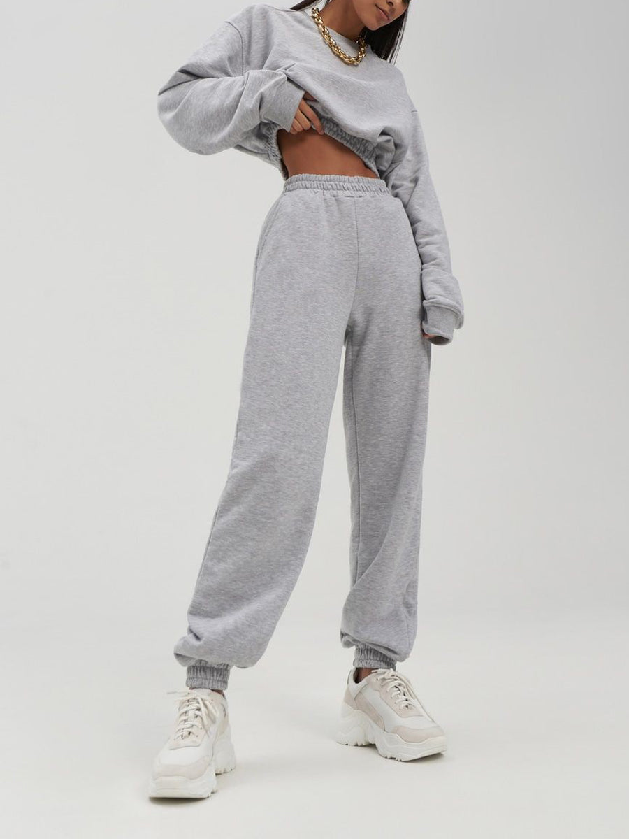 Women Elastic Waist Crop Top Casual Pant Two Piece Set