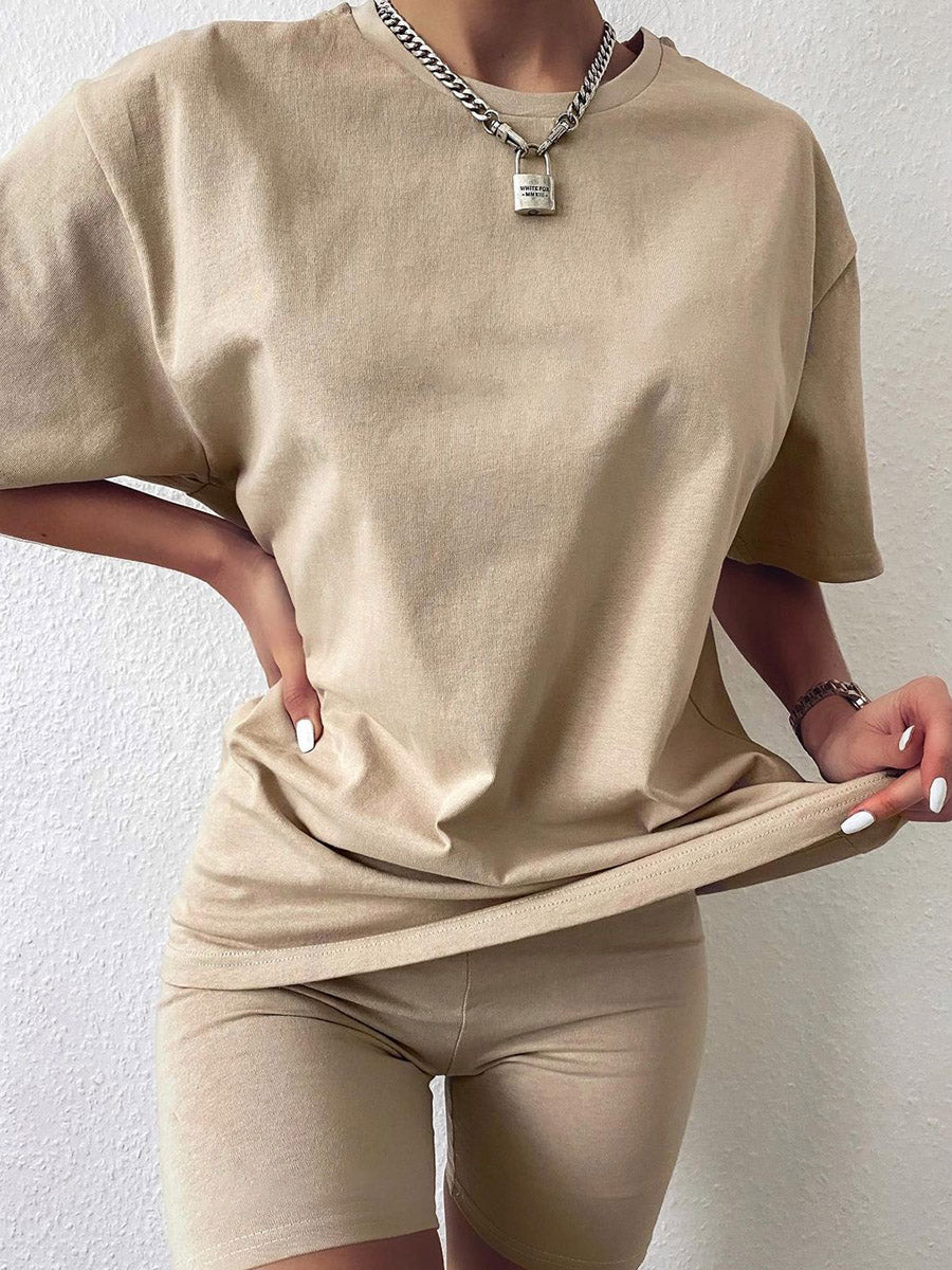 Fashion Short Sleeve Solid Color Casual Two-Piece Suit