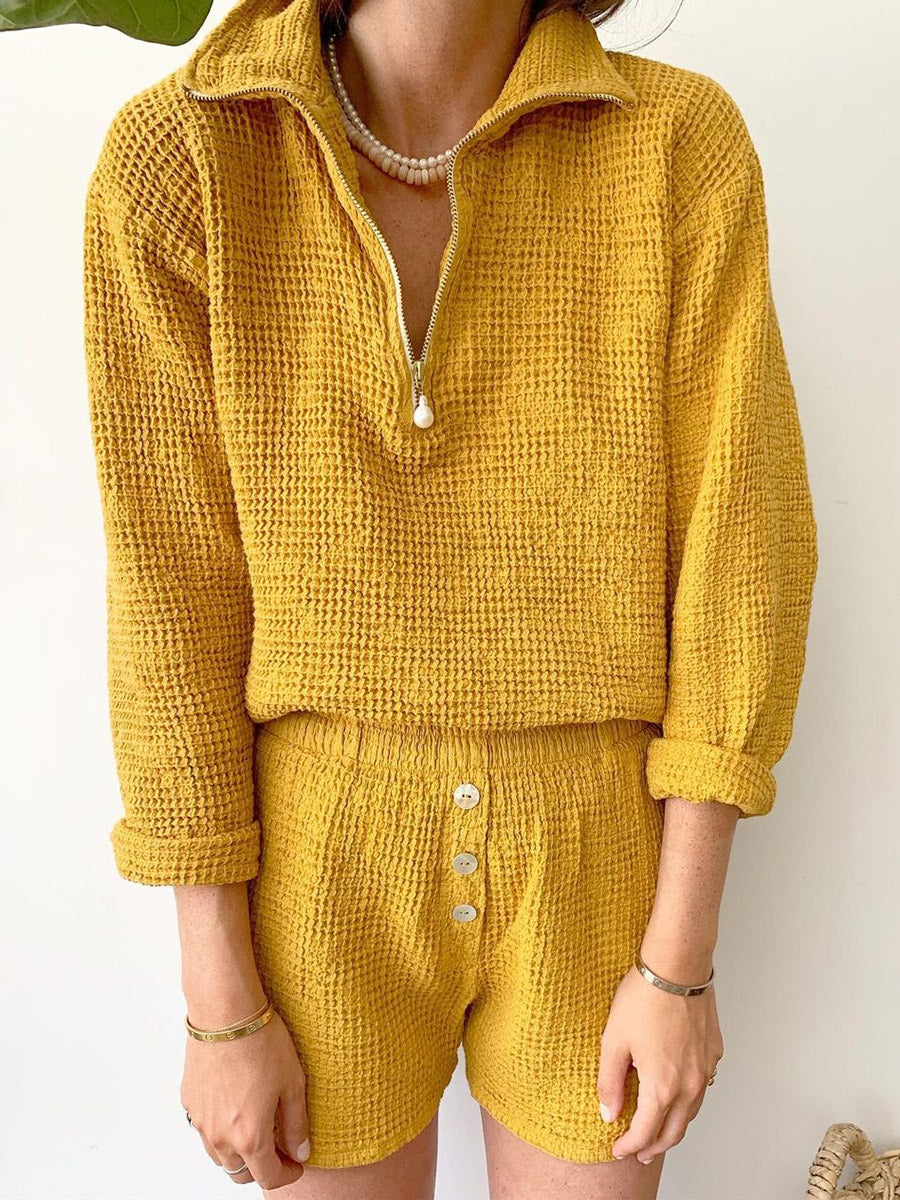 Pure Color Casual Long-Sleeved Zipper Loose Two-Piece Suit