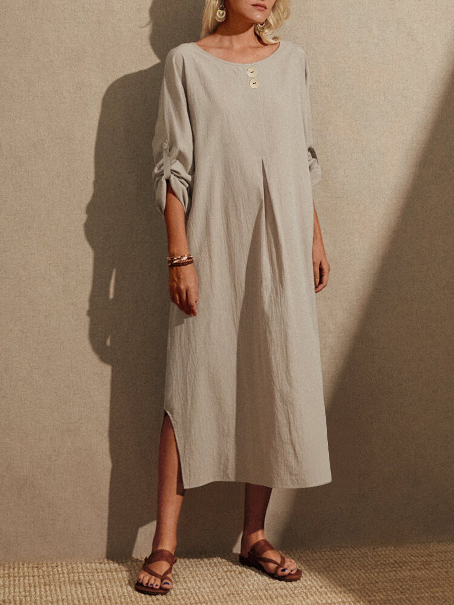 Women Cotton and Linen Round Neck Long Sleeve Split-Side Maxi Dress