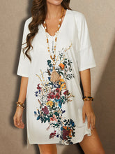 Load image into Gallery viewer, Women Cotton and Linen V-Neck 1/2 Sleeve Floral Mini Dress
