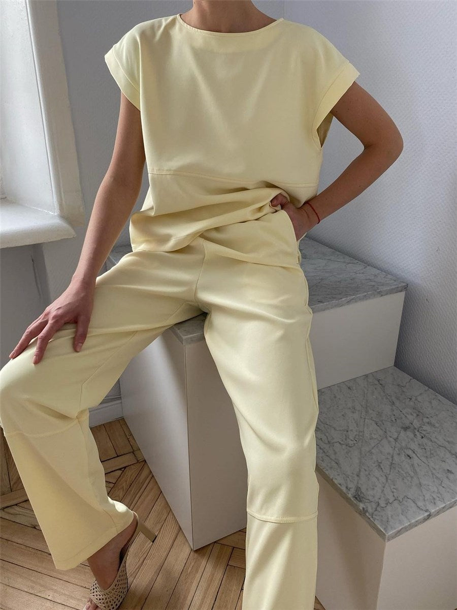 Fashion Solid Color Short Sleeve Round Neck Casual Two-piece Suit