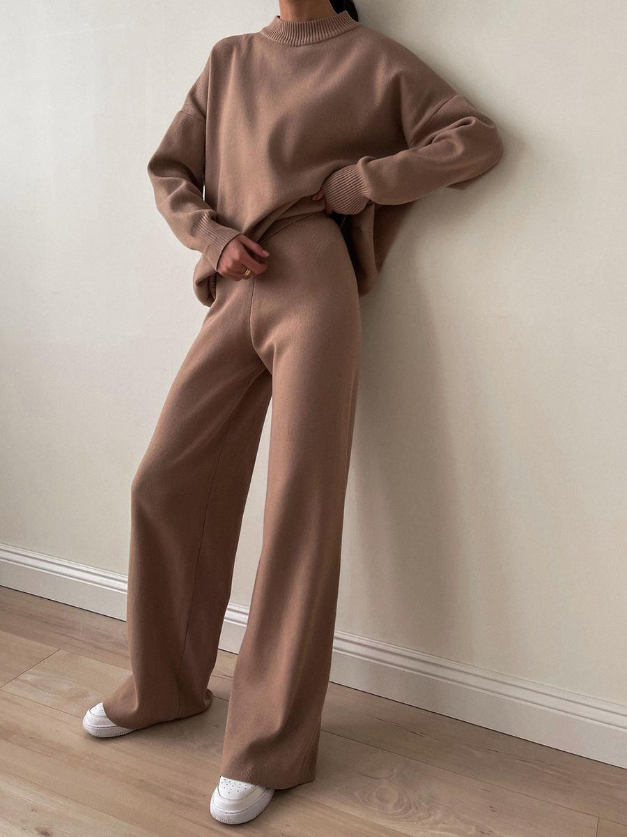 Soft Knit Round Neck Long Sleeve Solid Color Two-Piece Set
