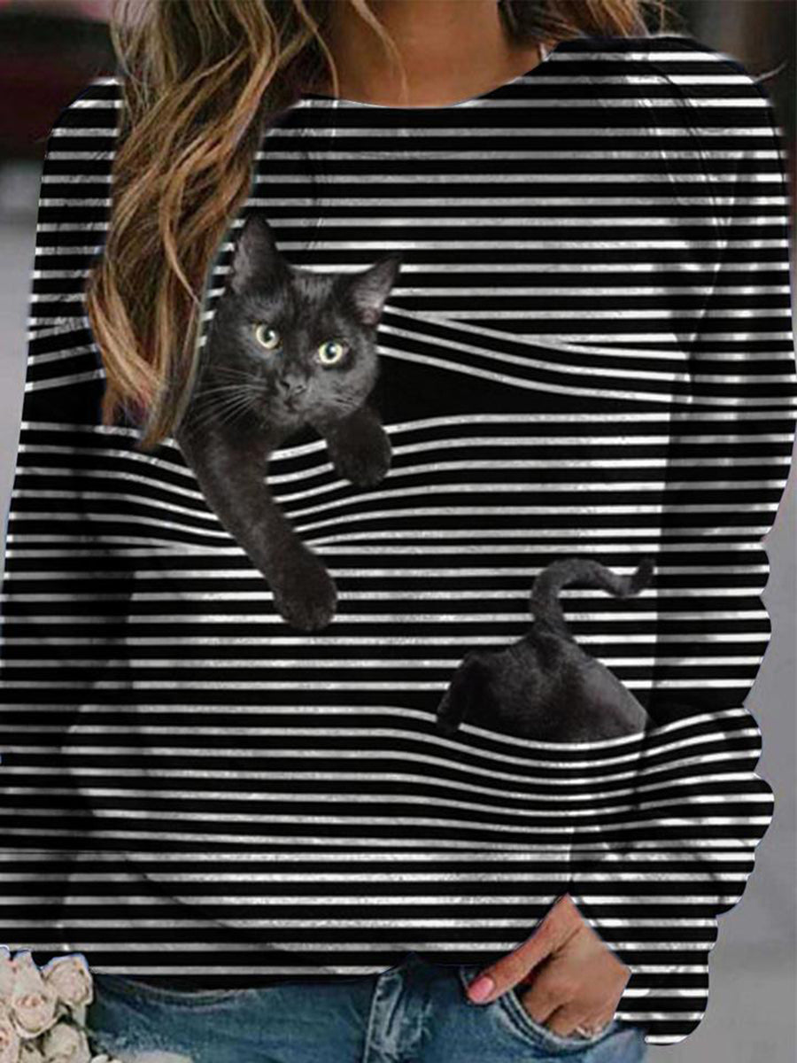 Cute Cat Long Sleeve Casual Striped T-shirt