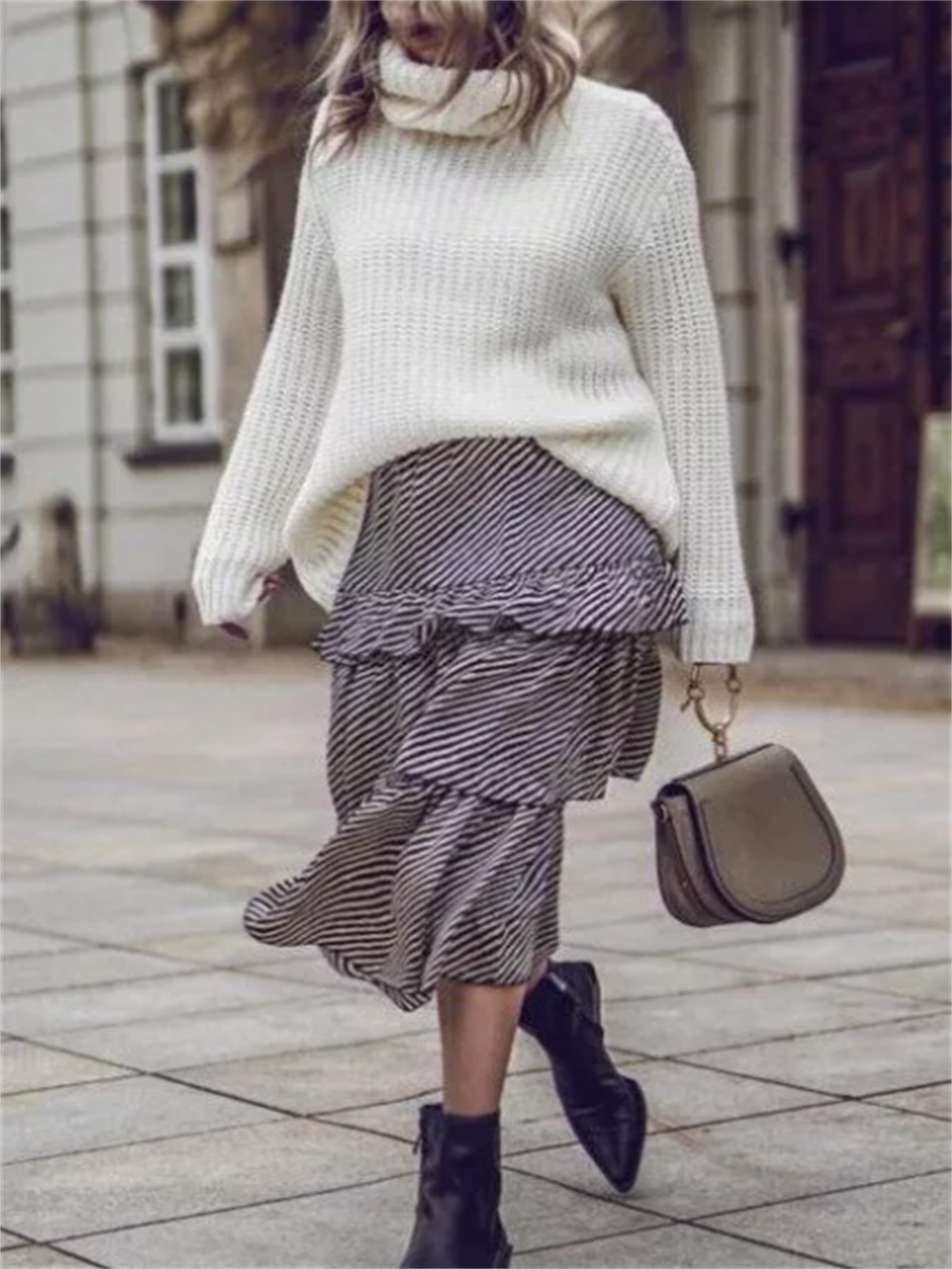 Fashion Women'S Knitted Sweater Striped Suit Skirt