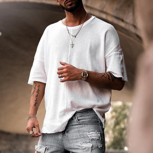 Pure Cotton Fashion Loose Solid Color Middle Sleeve Men'S T-Shirt