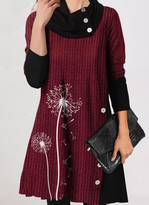 Casual Loose High Neck Long Sleeve Dandelion Dress