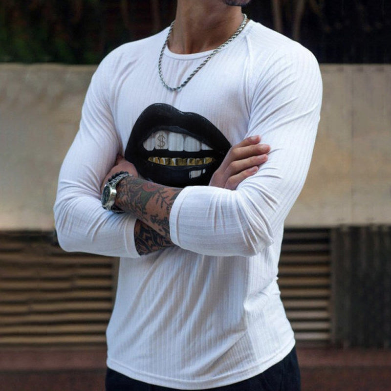 Men'S Fashion Casual Black Lip Print Long Sleeve T-Shirt