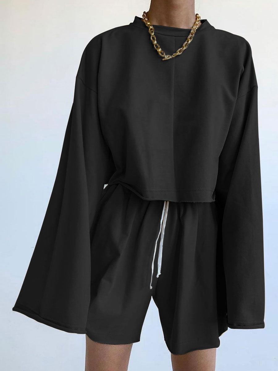 Fashion Casual Round Neck Long Sleeve Solid Color Two-piece Suit
