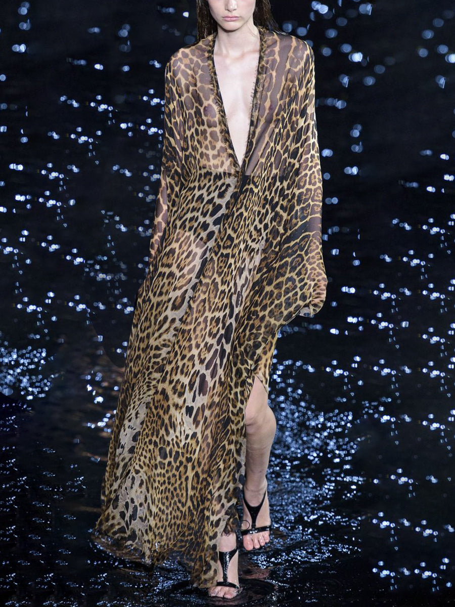 Sexy V-neck Leopard Print High Waist Long Dress