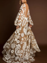 Load image into Gallery viewer, Deep V Mesh Embroidered Puff Sleeve Halter Wedding Dress
