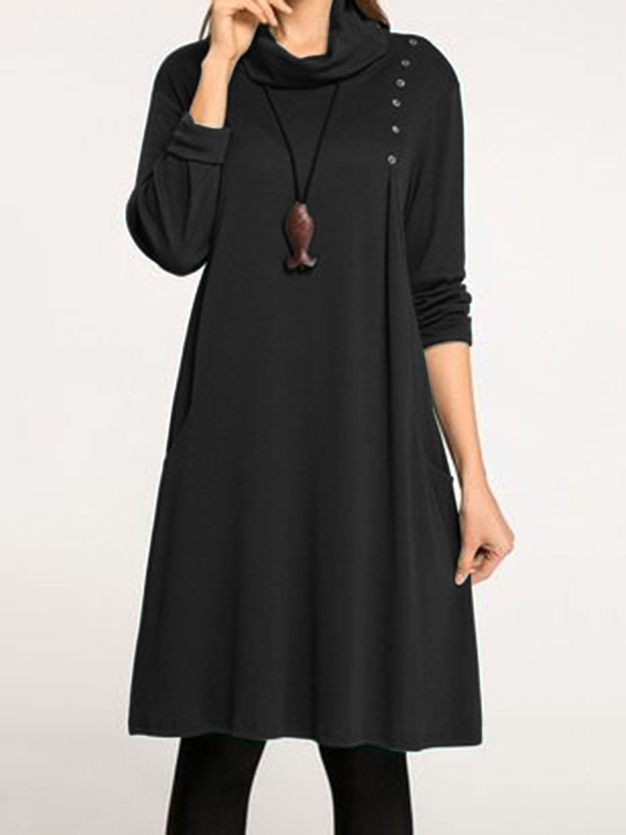 Simple Casual Loose High Neck Long Sleeve Dress