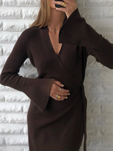 Load image into Gallery viewer, Sexy V-neck Slim Fit Flared Sleeve Knitted Sweater Dress
