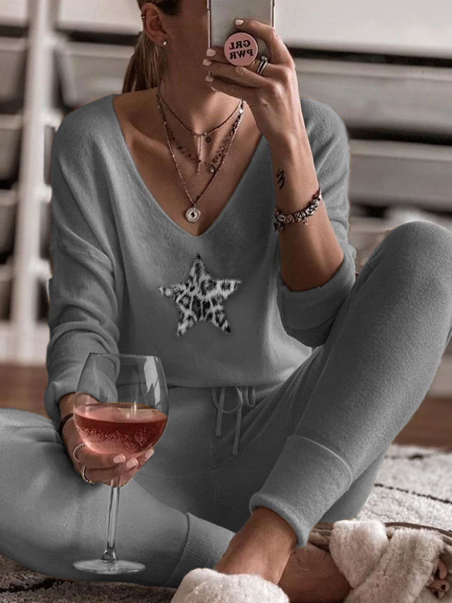 Simple V-neck Long-sleeved T-shirt Drawstring Sweatpants Print Suit