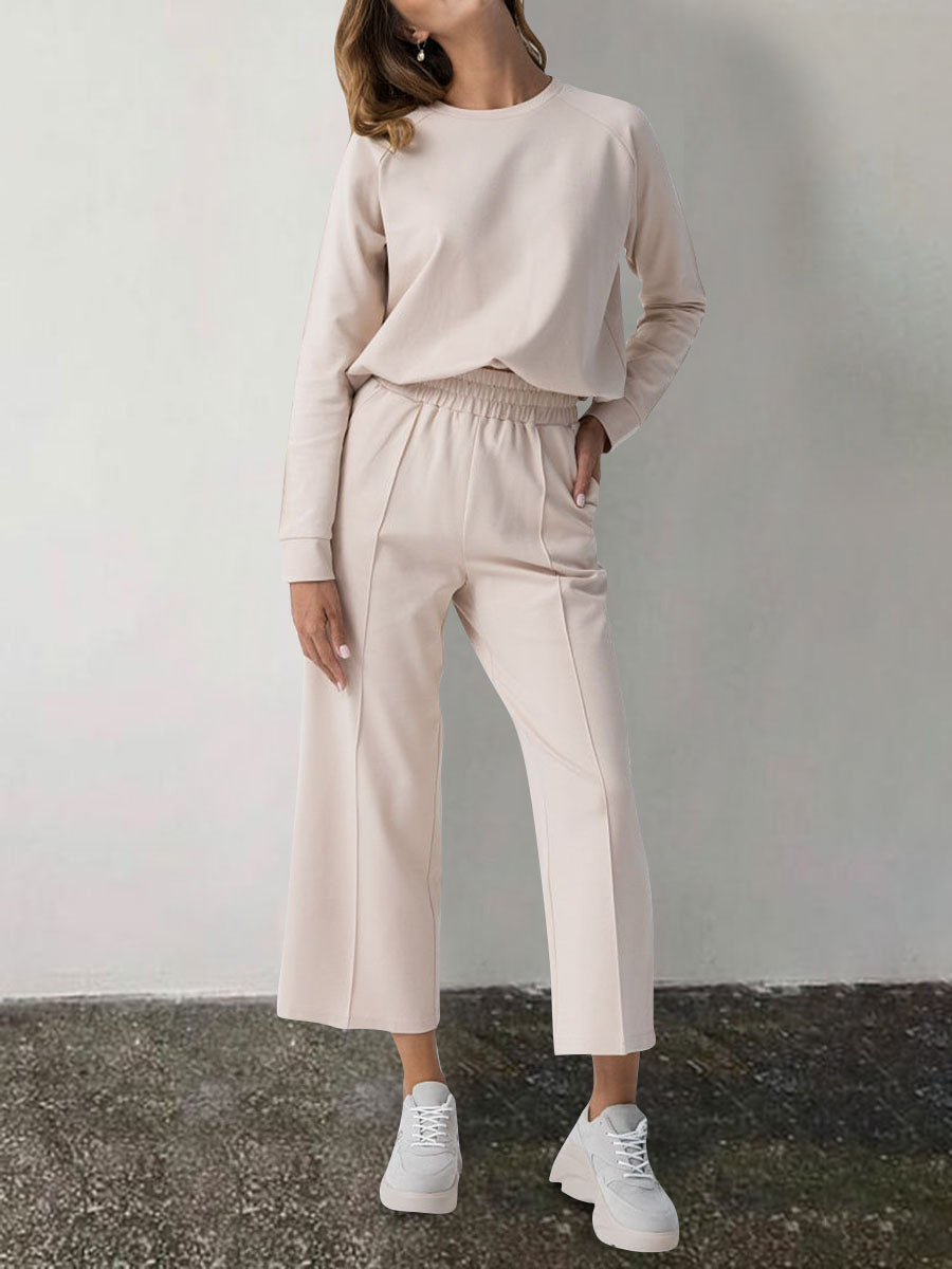 Casual Long Sleeve Wide Leg Solid Color Two-piece Suit