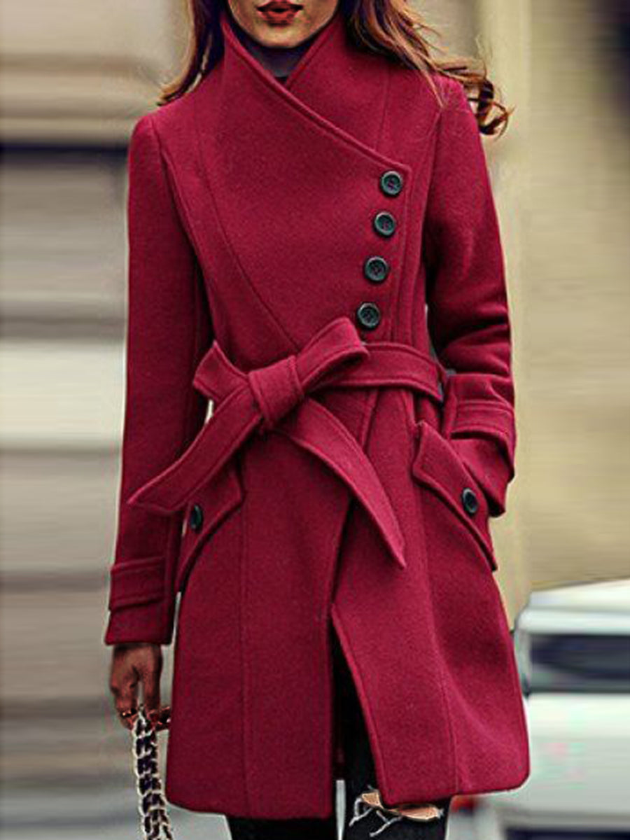 Fashion Stand-up Collar Diagonally Buttoned Casual Woolen Ladies Coat