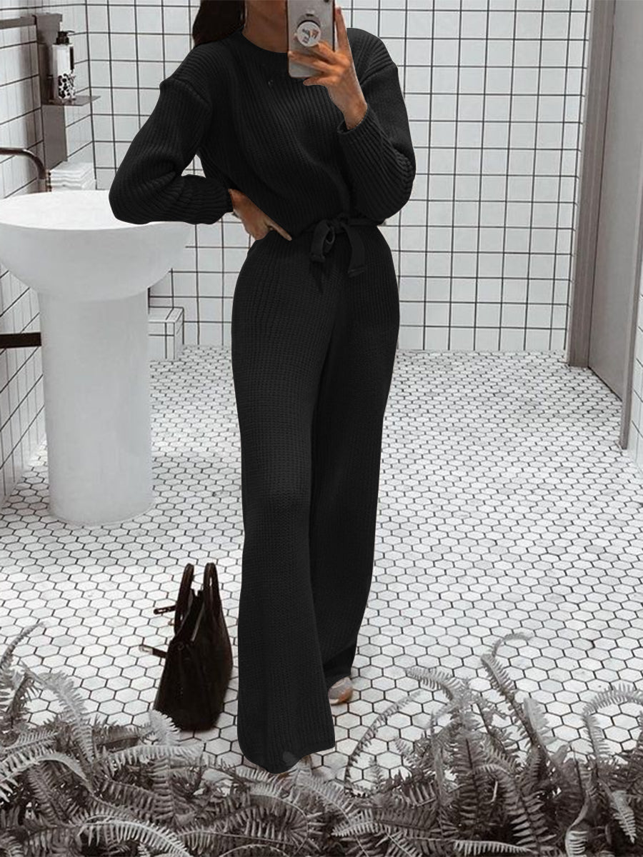 Fashion Solid Color Round Neck Casual Knitted Two-piece Suit