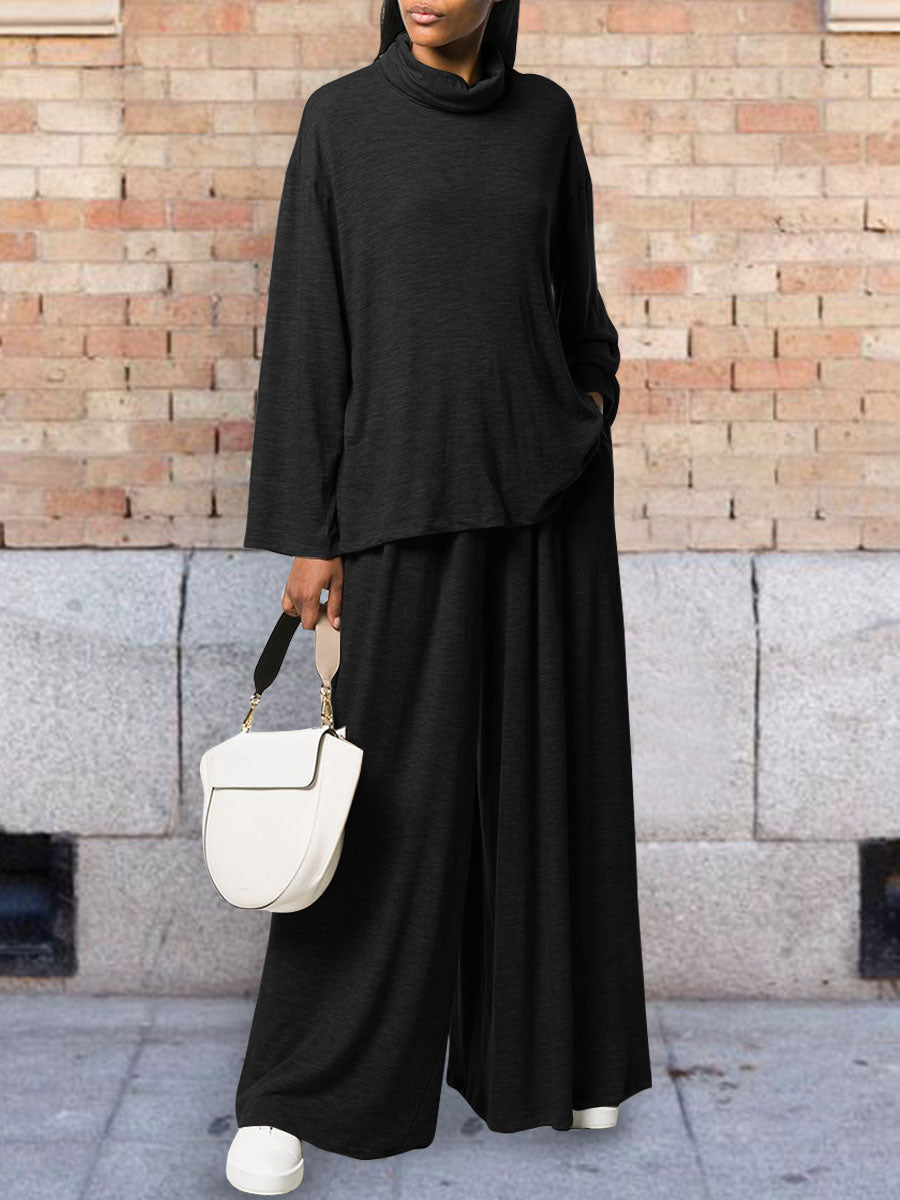 Fashion High Collar Loose Solid Color Ladies Two-piece Suit