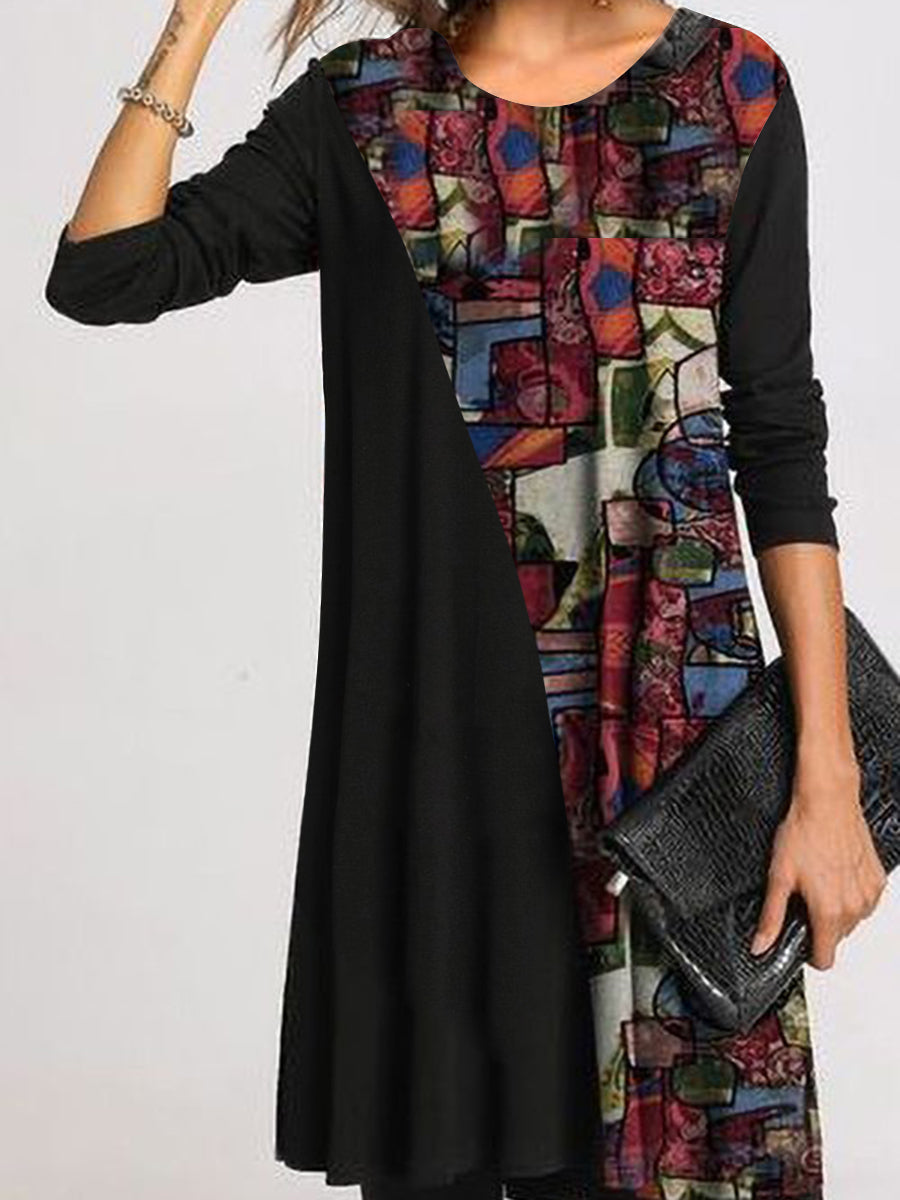 Casual Color Block Tunic Round Neckline Dress