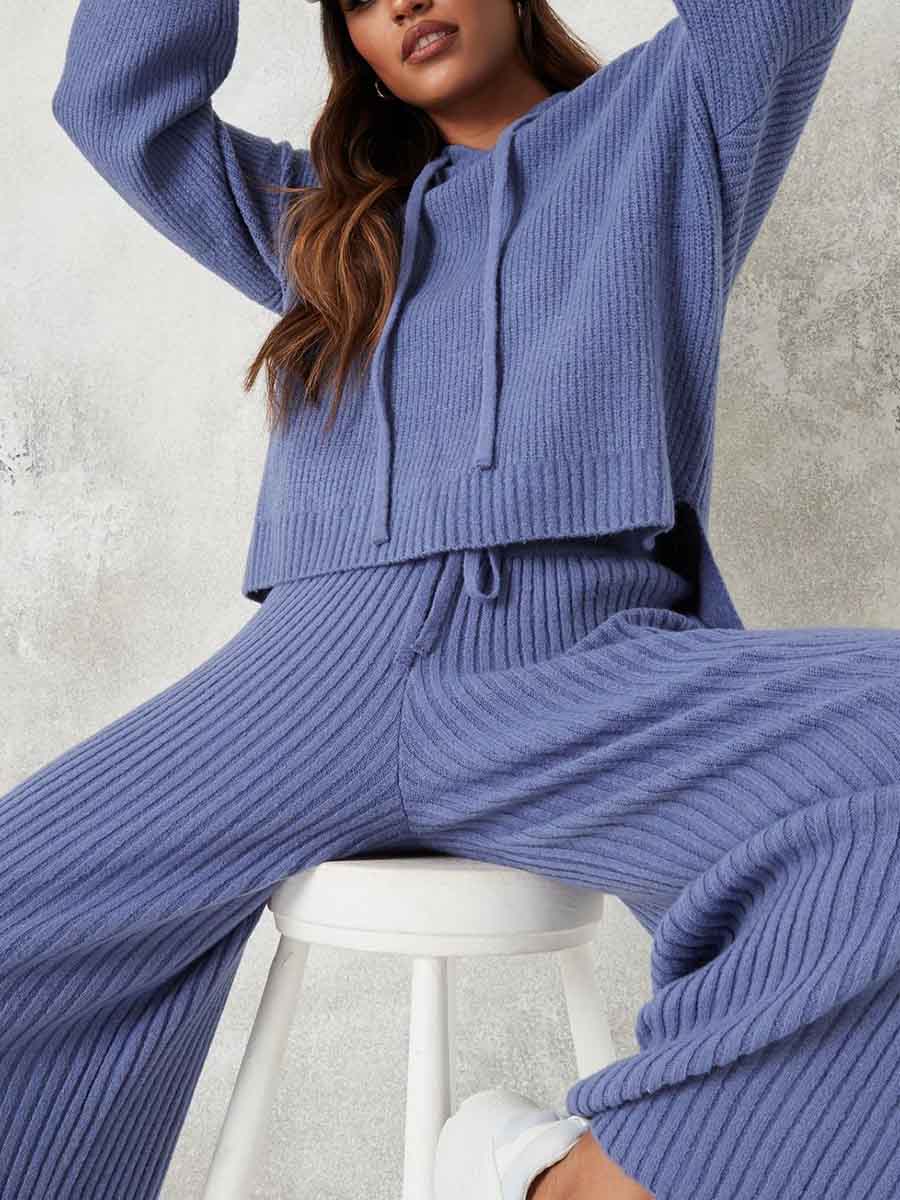Fashion Premium Pure Color Knitted Hooded Set