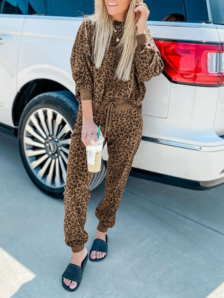 Fashion Leopard Print Long Sleeve Two-piece Suit