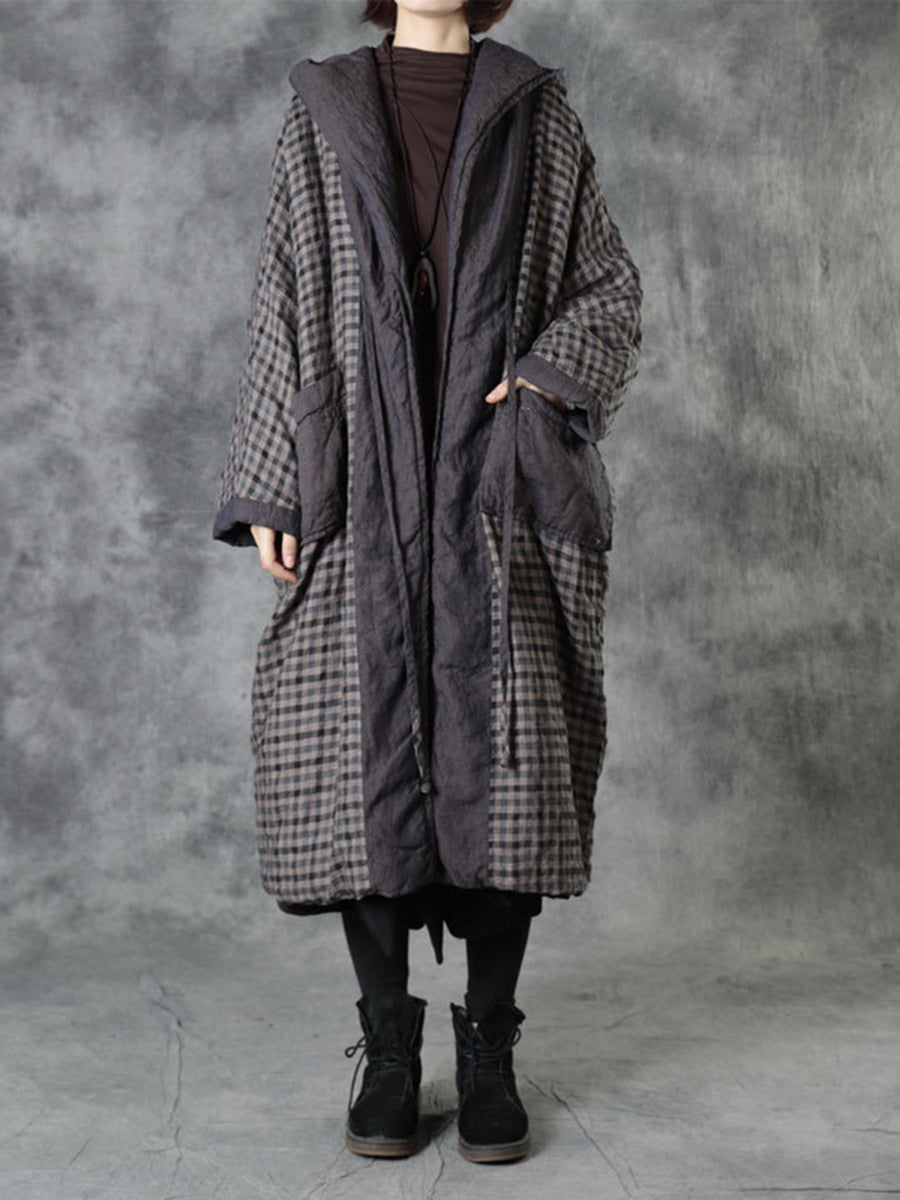 Fashion Casual Linen Check Hood Coat