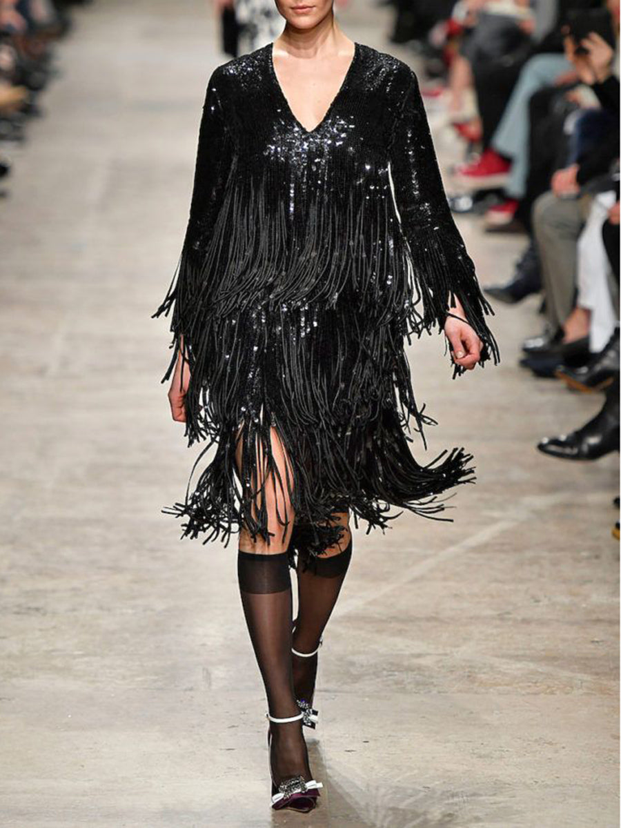 Fashion Long Sleeve V-neck Sequin Fringed Midi Dress