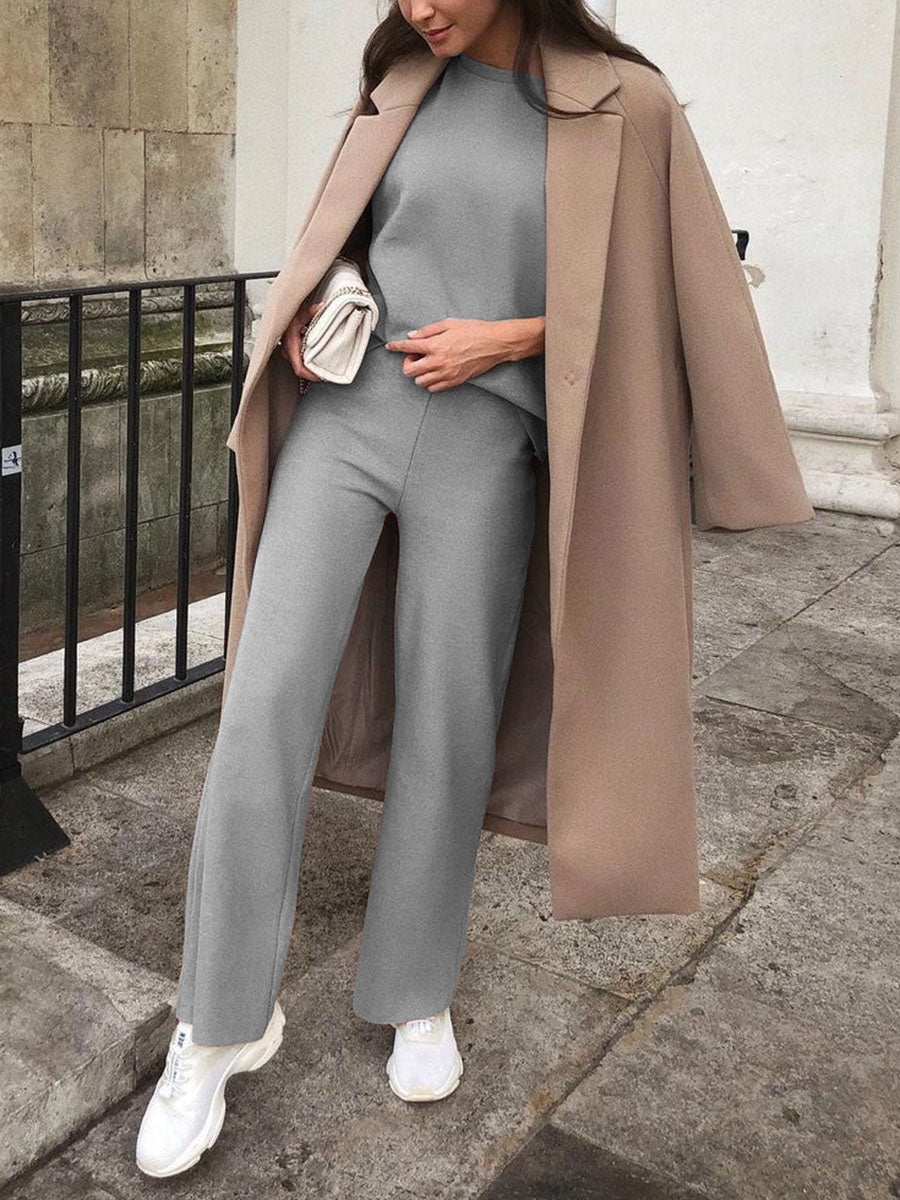 Fashion Casual Round Neck Pure Color Two-piece Suit