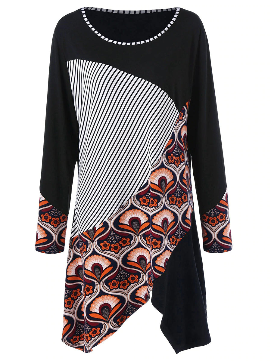 Striped Print Round Neck Long Sleeves Dress