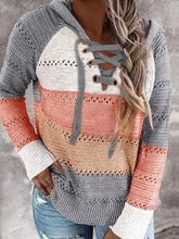 Load image into Gallery viewer, V-neck Lace Up Color Block Casual Loose H-line Sweater
