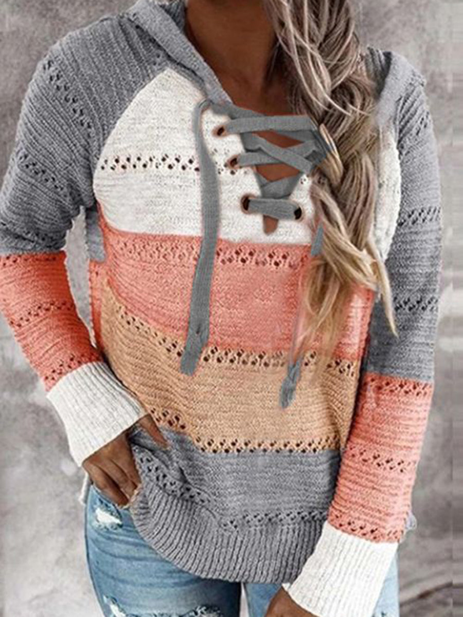 V-neck Lace Up Color Block Casual Loose H-line Sweater