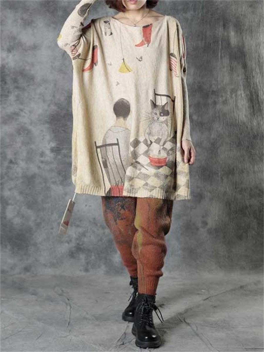 Fun Cartoon Loose Print Bat Sleeve Women'S Sweater