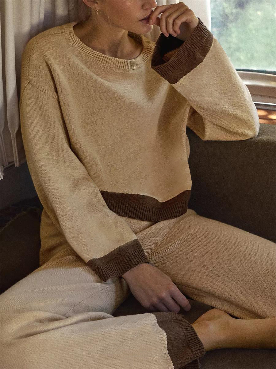 Comfortable Lazy Sexy Striped Color Matching Women'S Knitted Suit