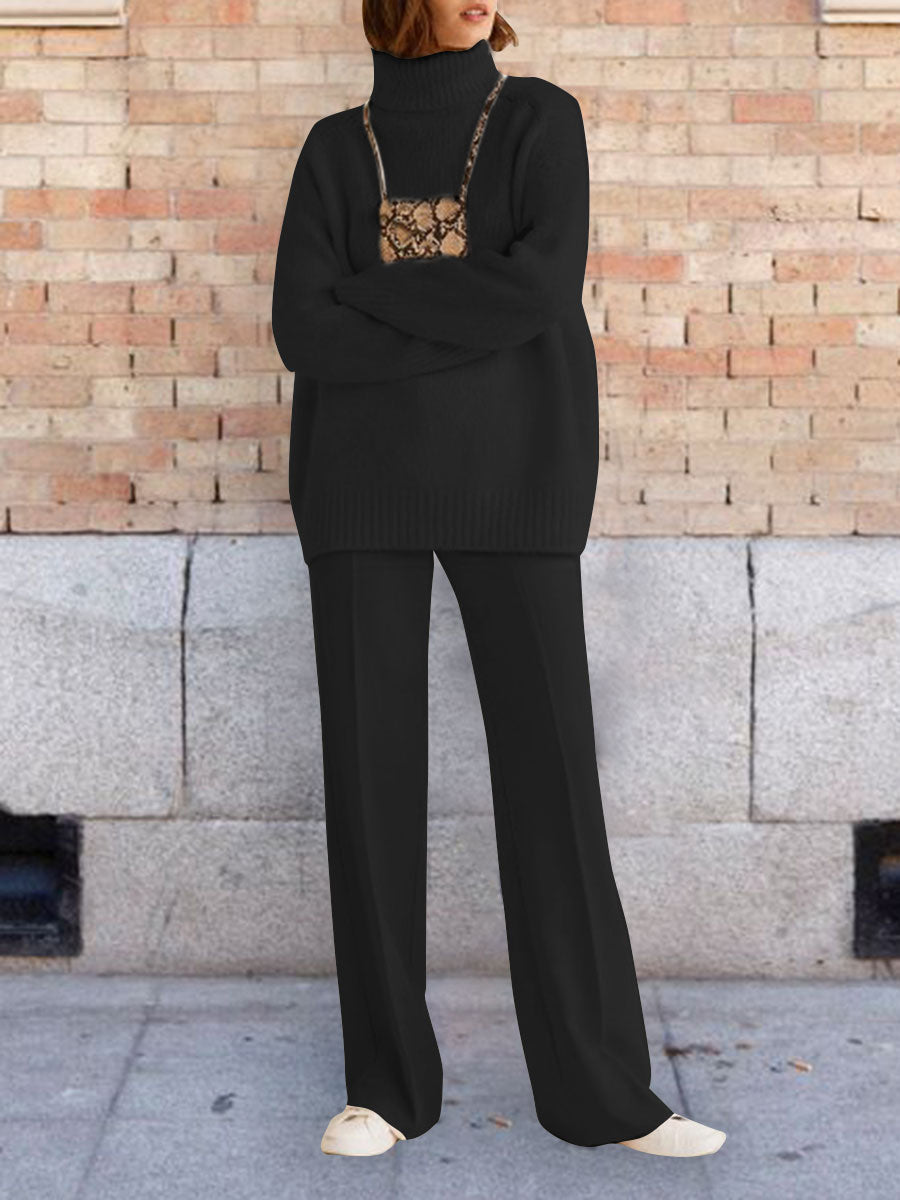 High Collar Casual Solid Color Knitted Two-piece Suit