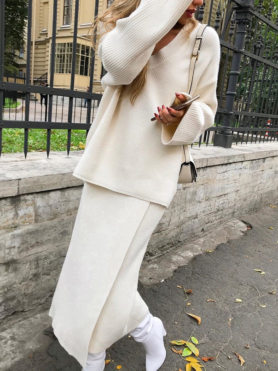 Fashion Long-sleeved V-neck Knitted Casual Two-piece Suit
