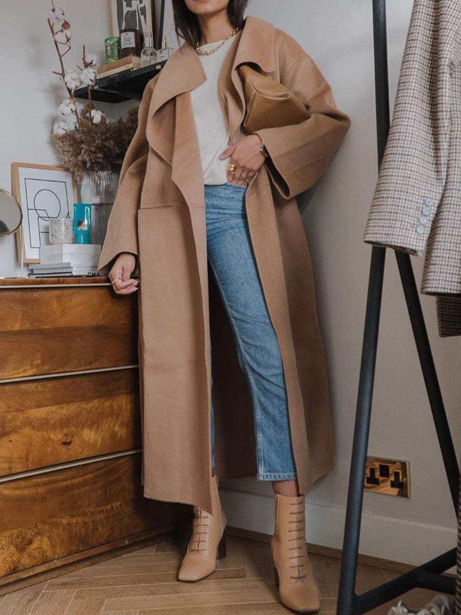 Fashion Casual Solid Color Big Pocket Long Sleeve Lapel Coat