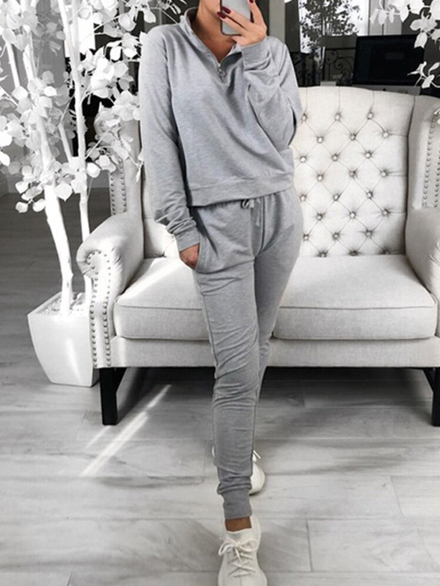 Casual Long Sleeve Loose Solid Color Two-piece Suit
