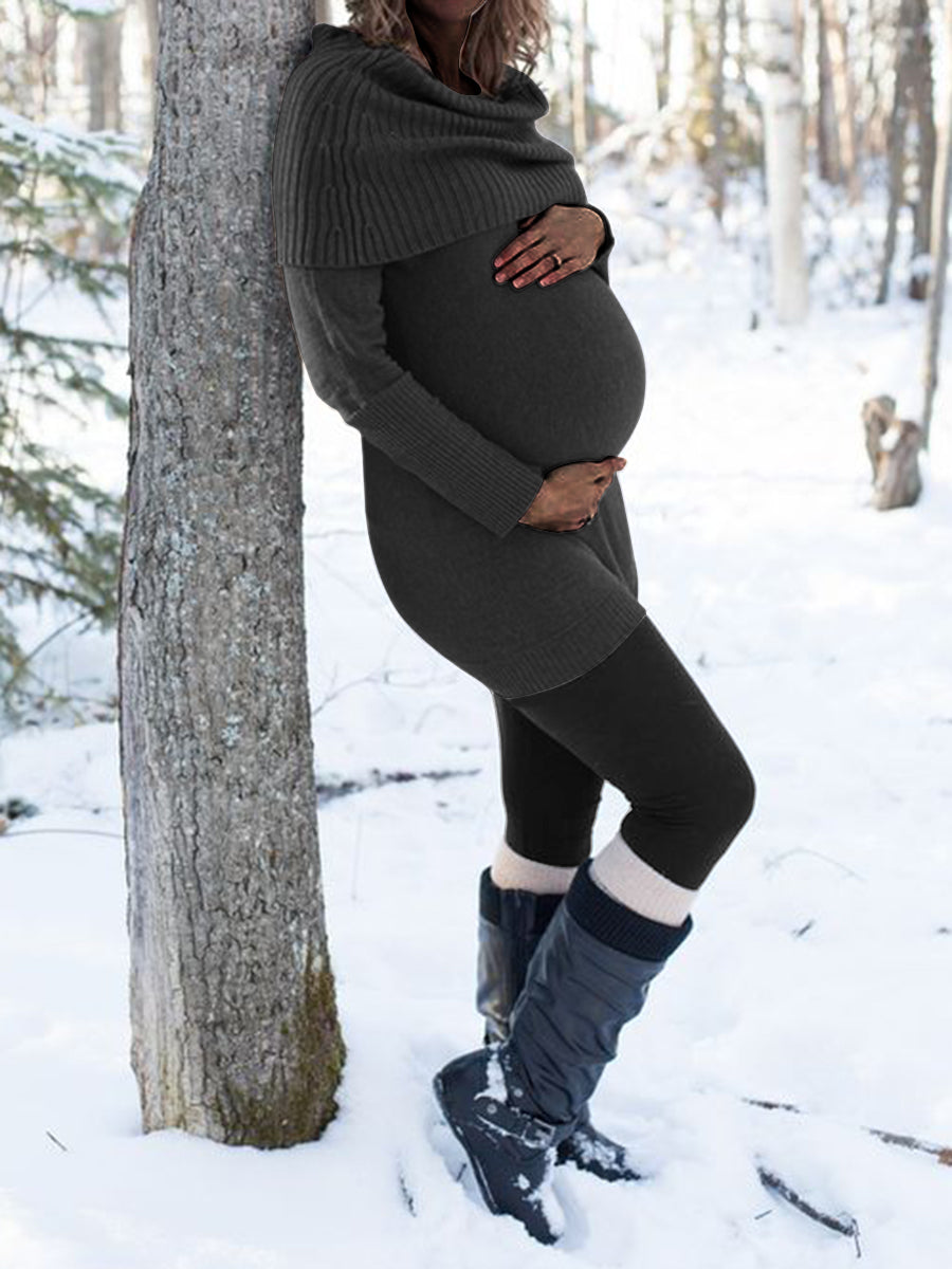 Knit High Neck Long Pregnant Two-piece Suit