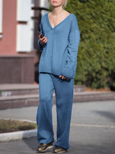 Load image into Gallery viewer, Casual Simple Loose Long Sleeve V Neck Top Pants Knitted Suit
