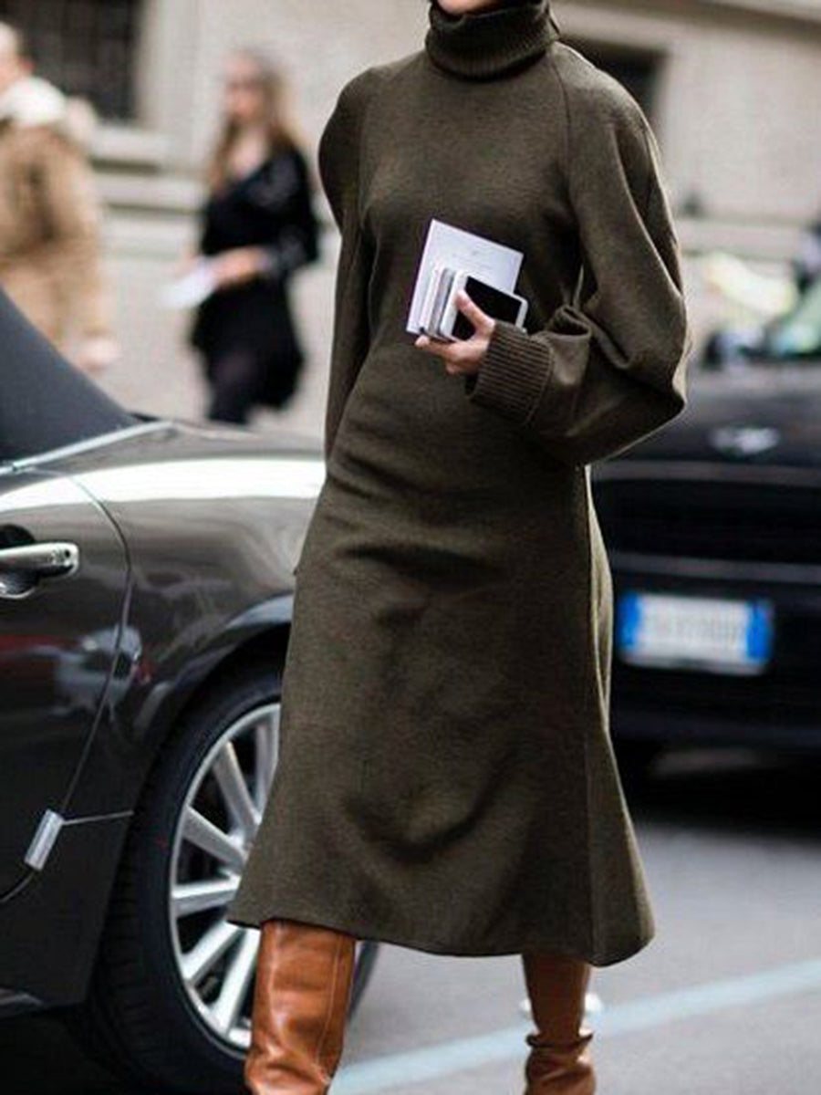 Fashion High Neck Puff Sleeve Casual Knitted Dress