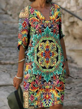 Load image into Gallery viewer, Ethnic Style Retro Loose Print V-neck Casual Dress
