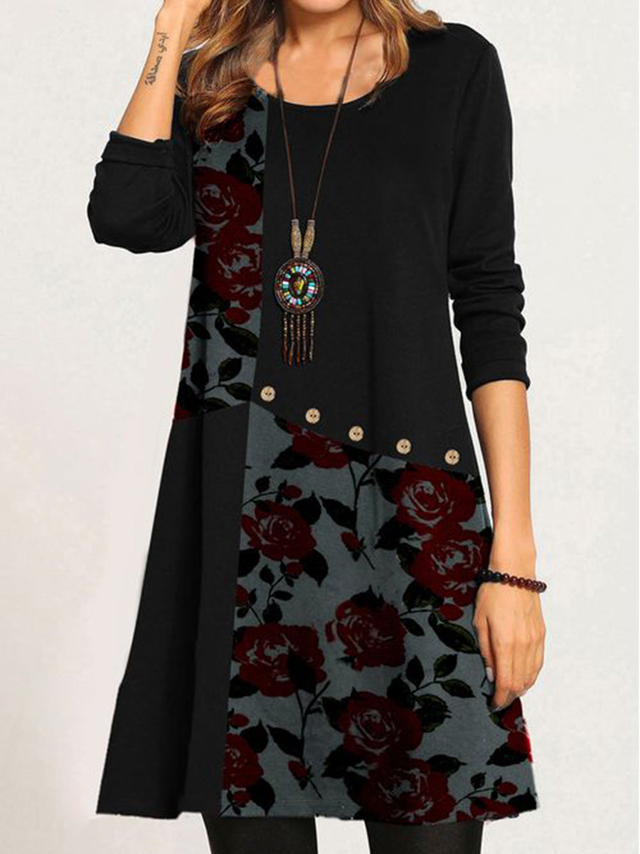 Retro Casual Loose Round Neck Floral Long Sleeve Dress